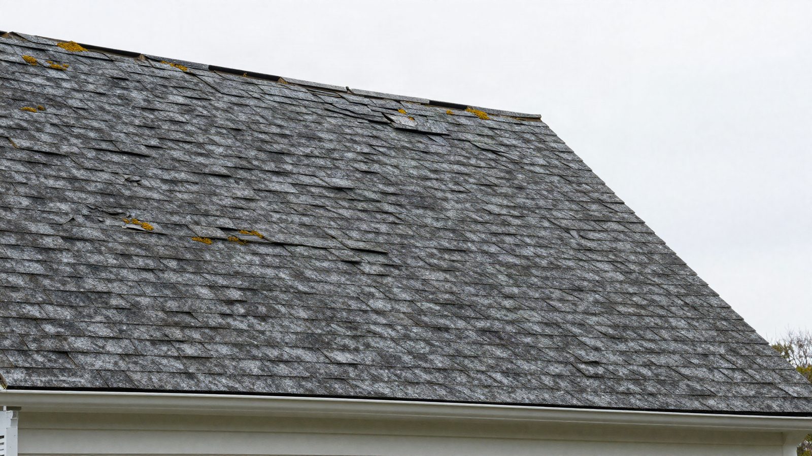 An old damaged shingle roof with missing and curled shingles