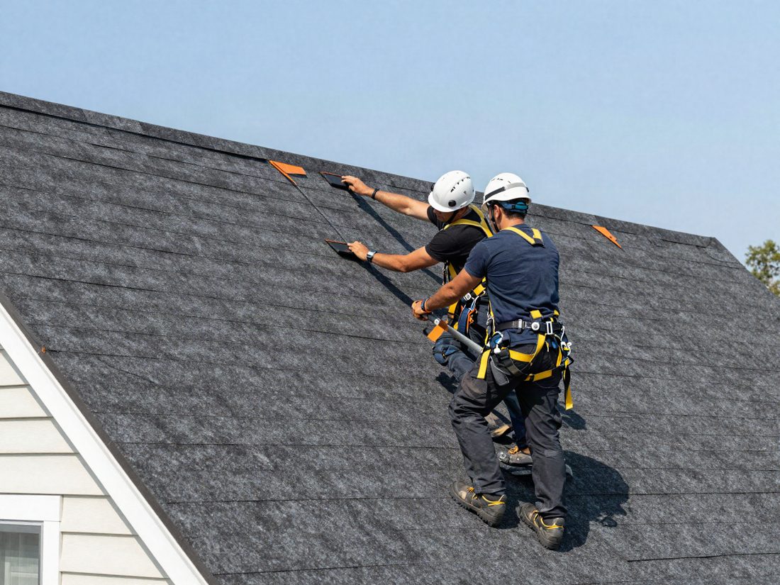 A roofing crew installing shingles on a steep roof