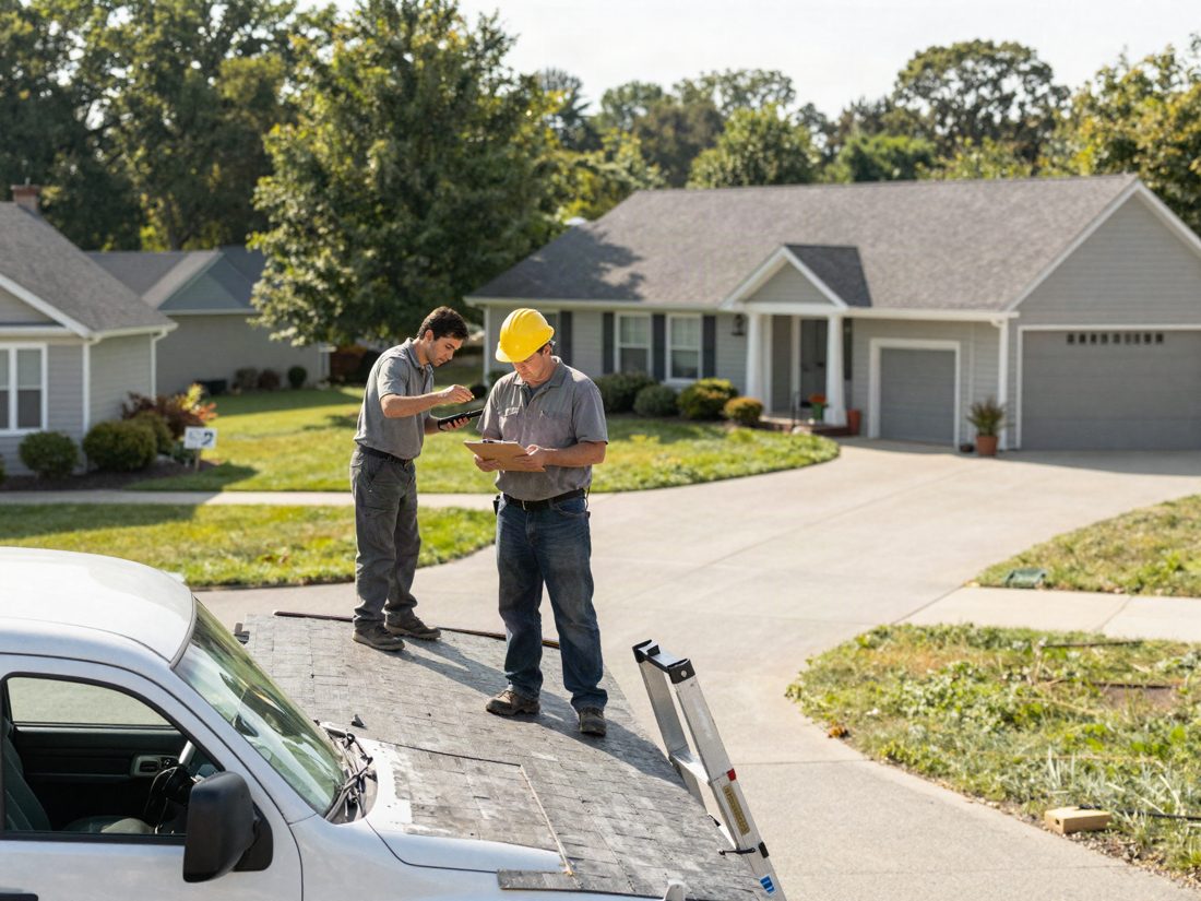 A roofer with a clipboard beside a work truck and ladder